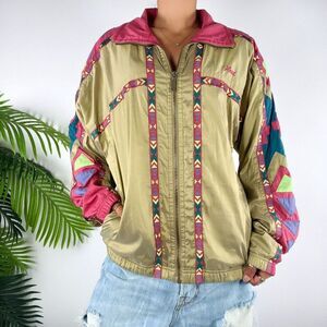 Women's Vintage 80s 90s Gold Patchwork Boho Retro Windbreaker Jacket / Med